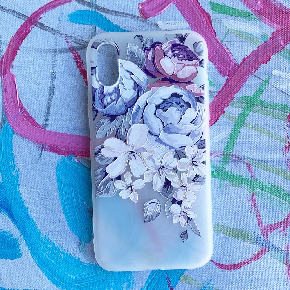 iPhone X/XS Case Clear Blue Purple White Floral Cover Blue White